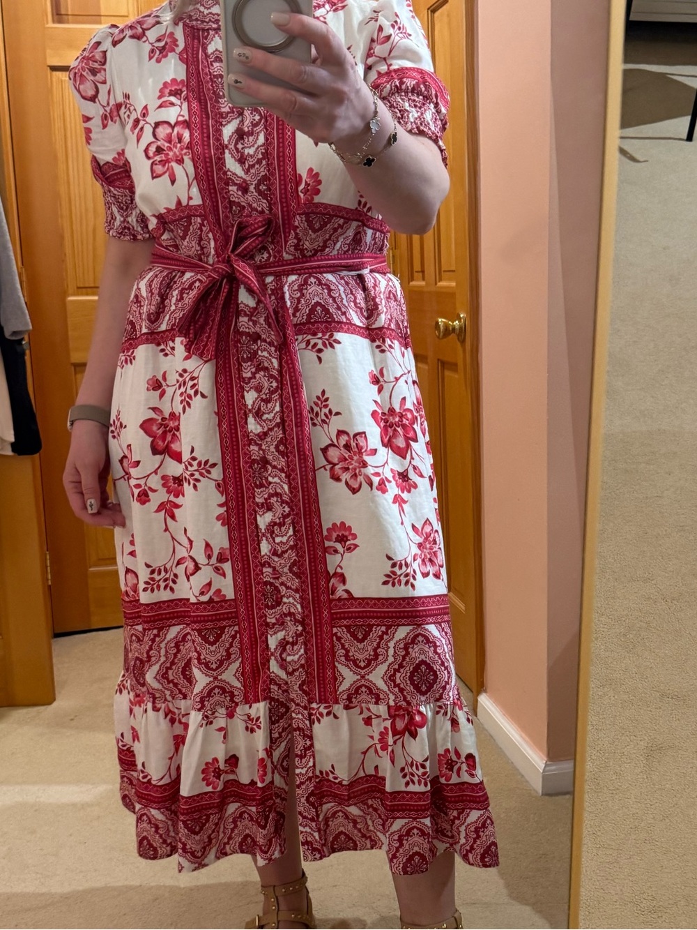 Elie Tahari White and Red Floral Border Print Midi Dress with Tie Waist